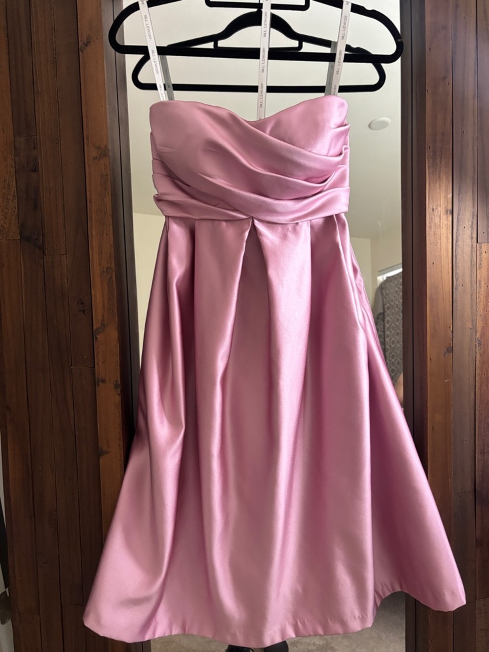 Bill Levkoff Pink Satin Strapless Midi Dress